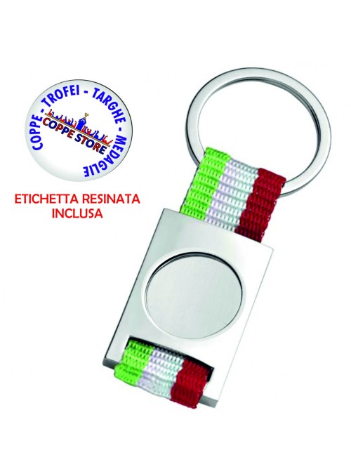 PORTACHIAVI IN METALLO E TESSUTO TRICOLORE CON ETICHETTA  RESINATA PERSONALIZZATA 7838