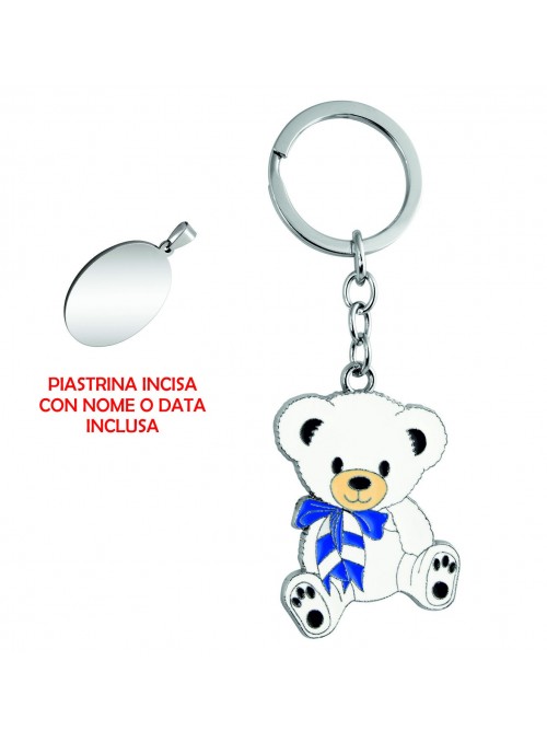 Portachiavi Orsacchiotto in metallo cromato, 40x115 mm con piastrina cromata 20x29 mm incisa 5600