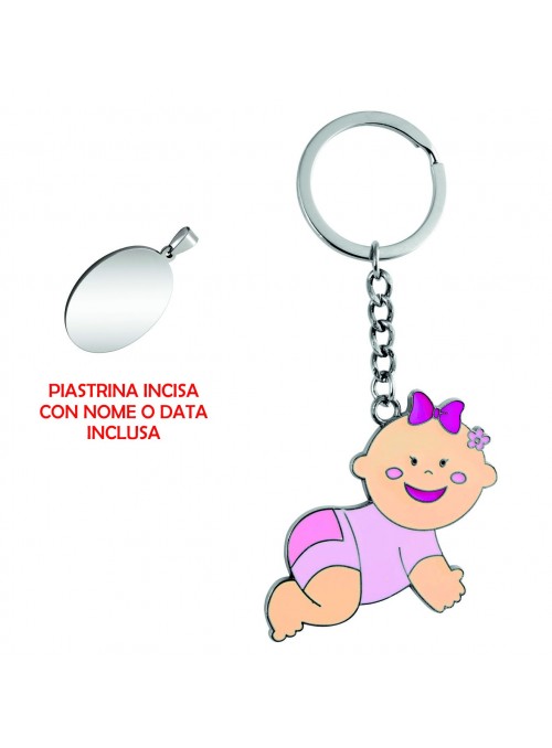 Portachiavi Baby Rosa in metallo cromato, 50x100 mm con piastrina cromata 20x29 mm incisa 5602