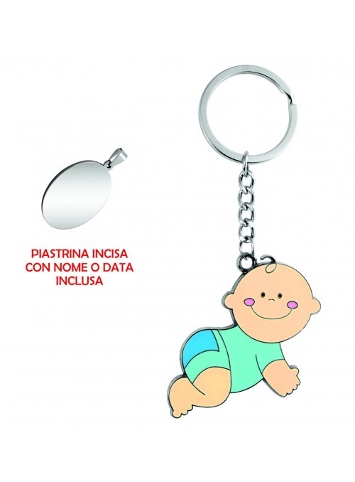 Portachiavi Baby Azzurro in metallo cromato, 50x100 mm con piastrina cromata 20x29 mm incisa 5603
