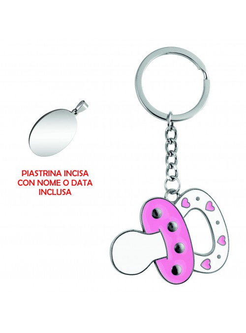 Portachiavi Ciuccio Rosa in metallo cromato, 50x90 mm con piastrina cromata 20x29 mm incisa 5614