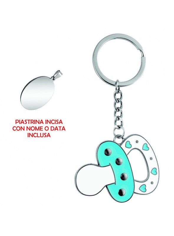 Portachiavi Ciuccio Azzurro in metallo cromato, 50x90 mm con piastrina cromata 20x29 mm incisa 5613