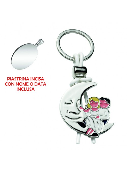 Portachiavi Sposini sulla Luna in metallo cromato, 40x100 mm con piastrina cromata 20x29 mm incisa 7575