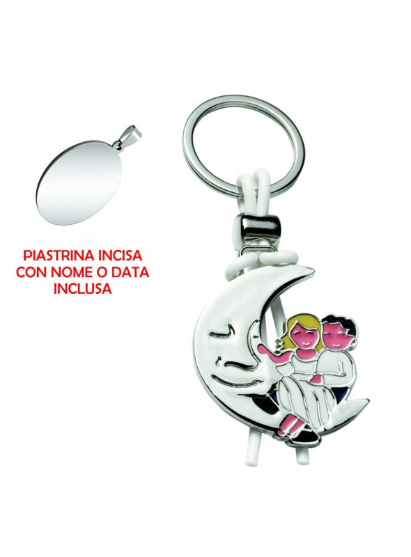Portachiavi Sposini sulla Luna in metallo cromato, 40x100 mm con piastrina cromata 20x29 mm incisa 7575