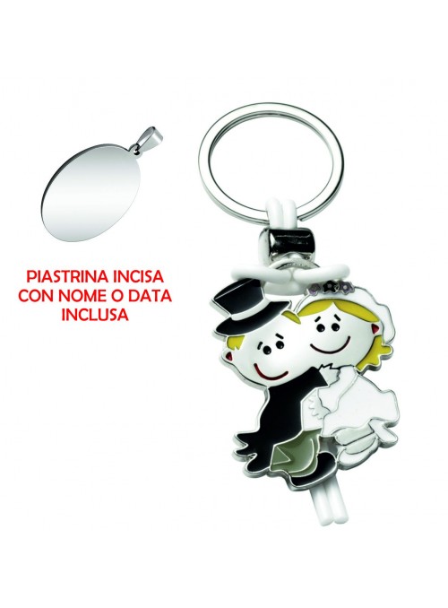 Portachiavi Coppia Sposini in metallo cromato, 35x100 mm con piastrina cromata 20x29 mm incisa 7576